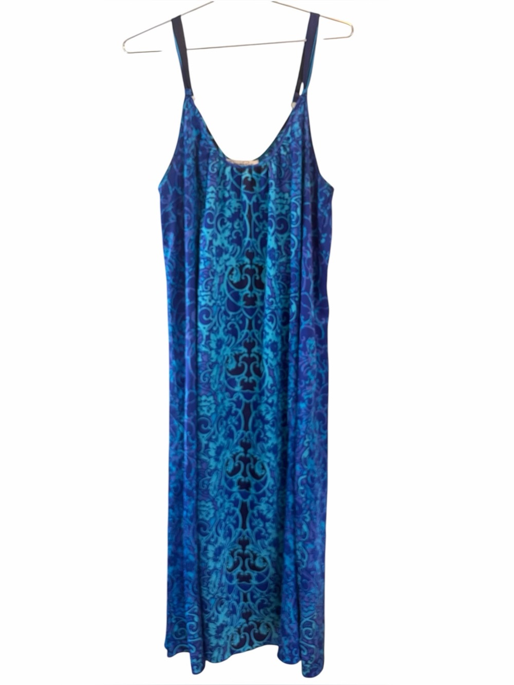 Vintage 90s Oscar de la Renta Blue Floral Print Silky Lingerie Slip Dress